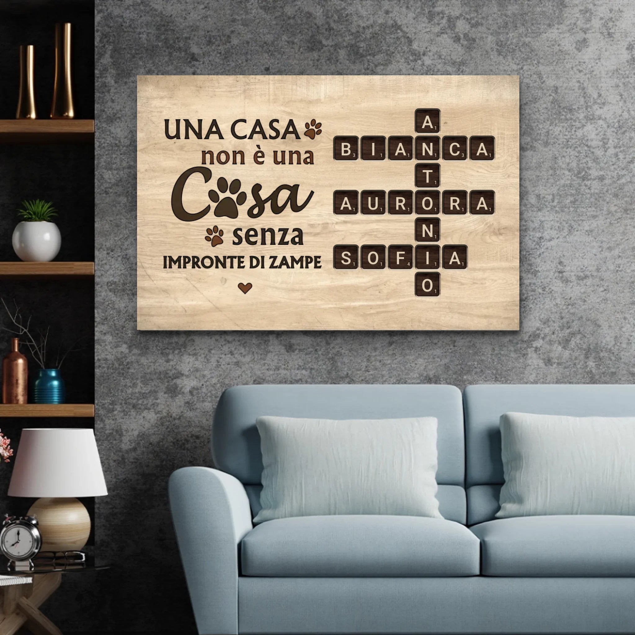 Tela personalizzata “Una casa non è una casa senza impronte di zampe - Aspetto legno"