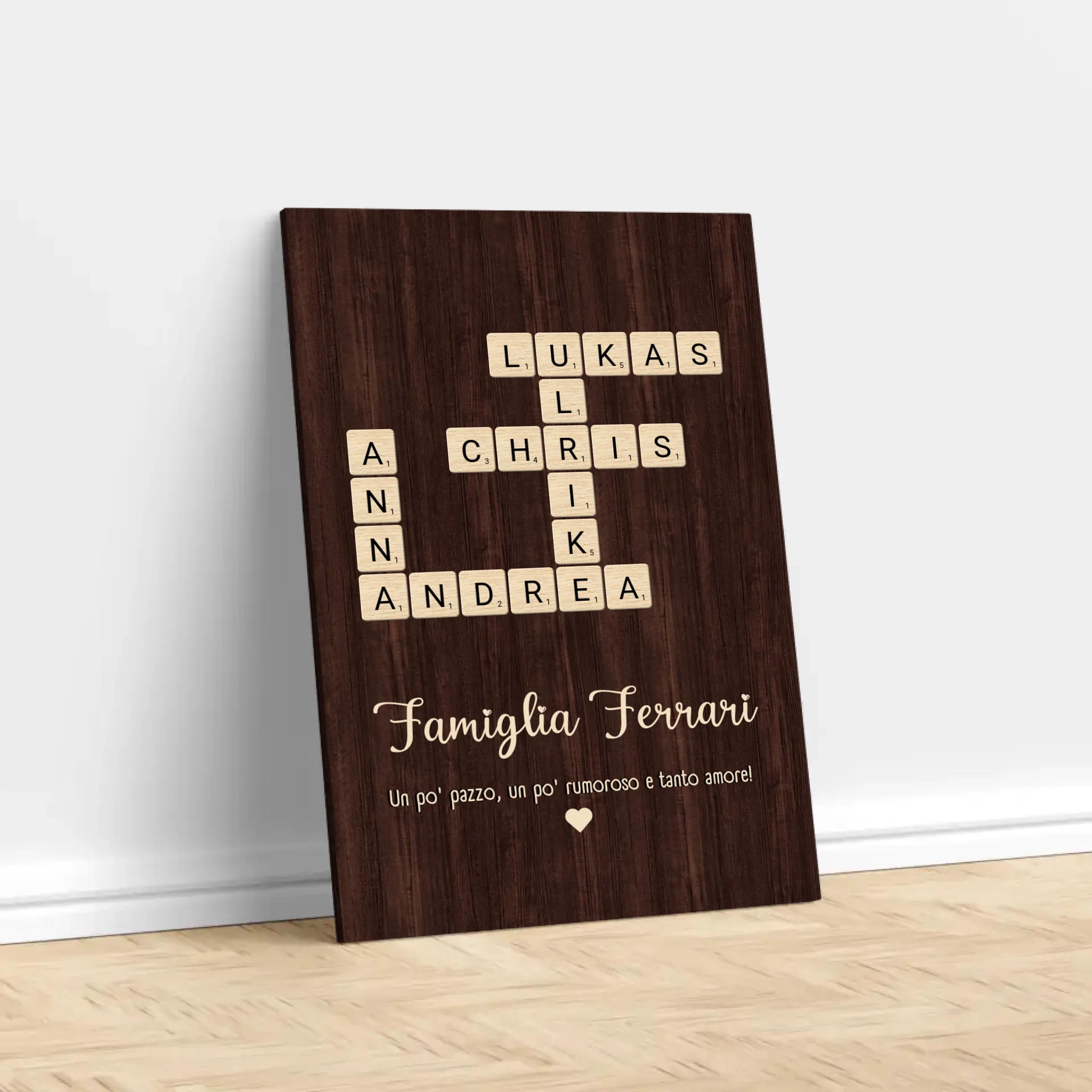 Tela personalizzata “Un po‘ pazzo, un po’ rumoroso e tanto amore - Cruciverba verticale”