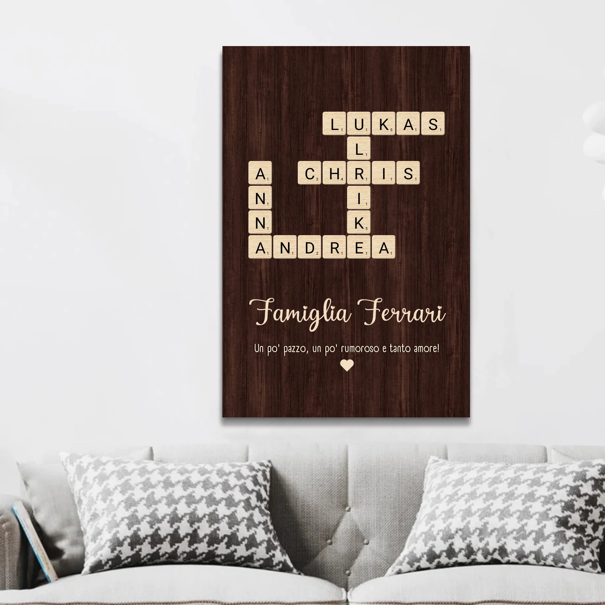 Tela personalizzata “Un po‘ pazzo, un po’ rumoroso e tanto amore - Cruciverba verticale”