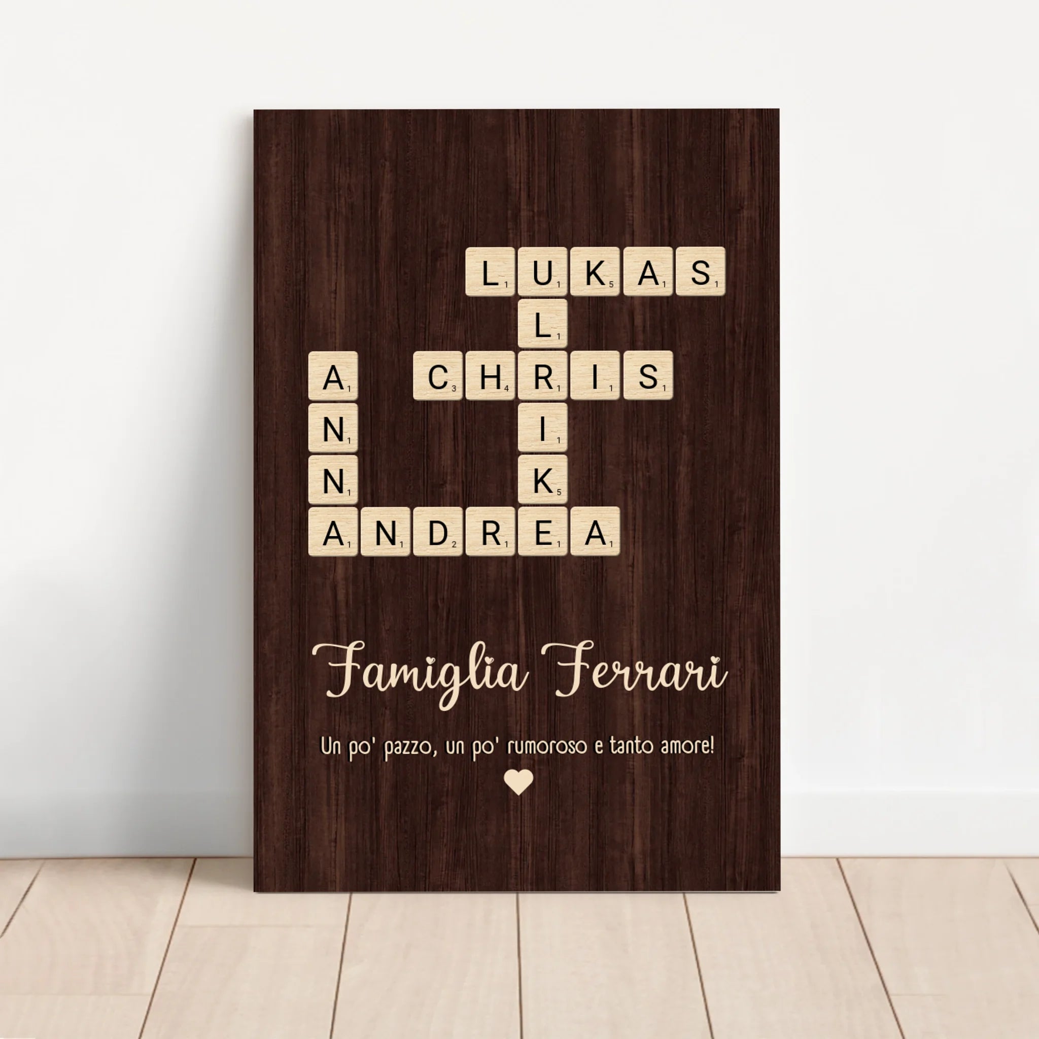 Tela personalizzata “Un po‘ pazzo, un po’ rumoroso e tanto amore - Cruciverba verticale”
