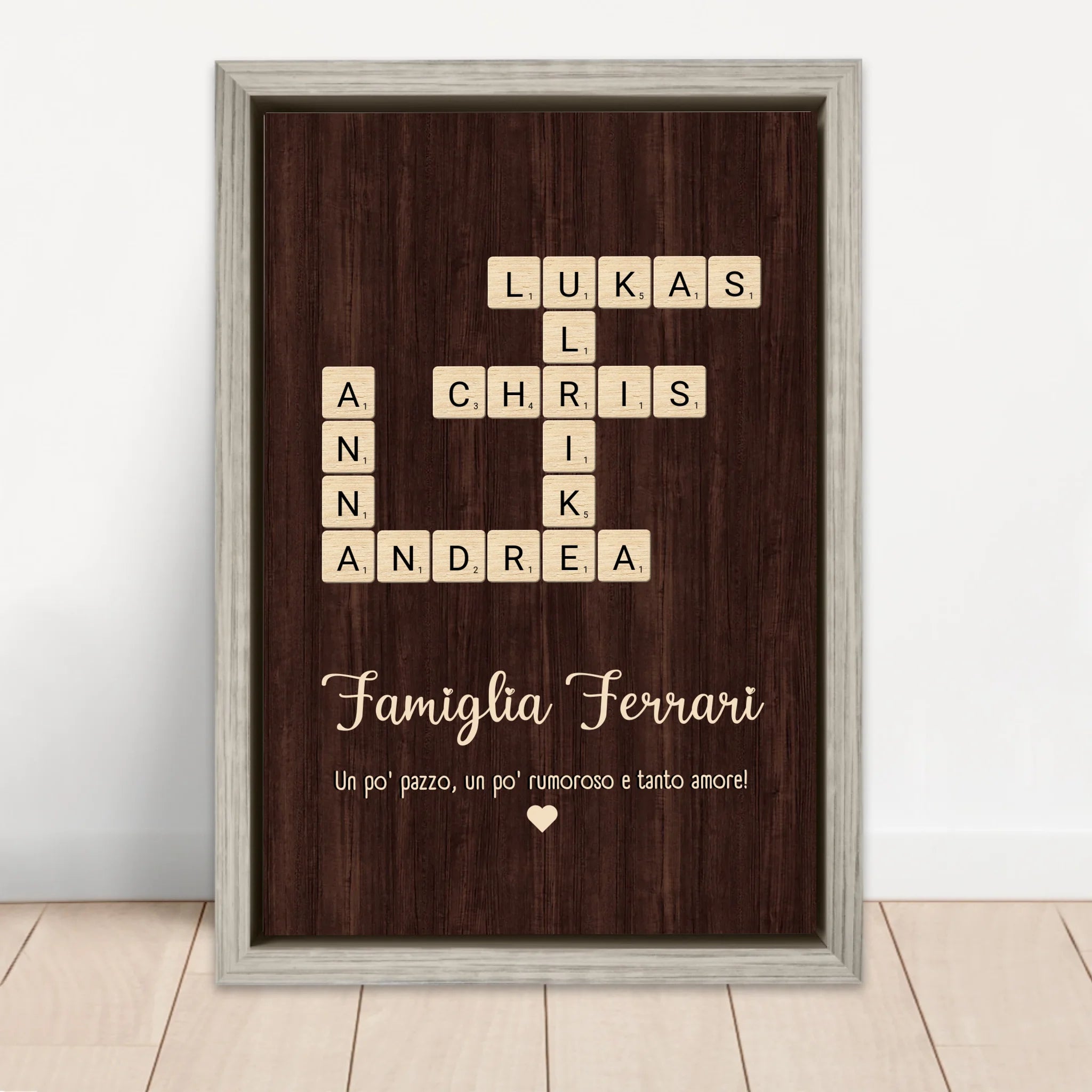 Tela personalizzata “Un po‘ pazzo, un po’ rumoroso e tanto amore - Cruciverba verticale”